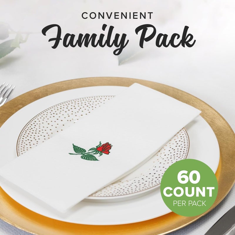 SimuLinen Single Rose Dinner Napkins - Cloth-Like Linen Feel Disposable, Folded Single-use Paper Napkins for Christmas - 19"x17" - Box of 60 - Image 2